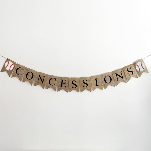 Burlap Concessions Stand Banner, Baseball Recreation Party Decorations, Sports Birthday Snack Table Decor, B1317