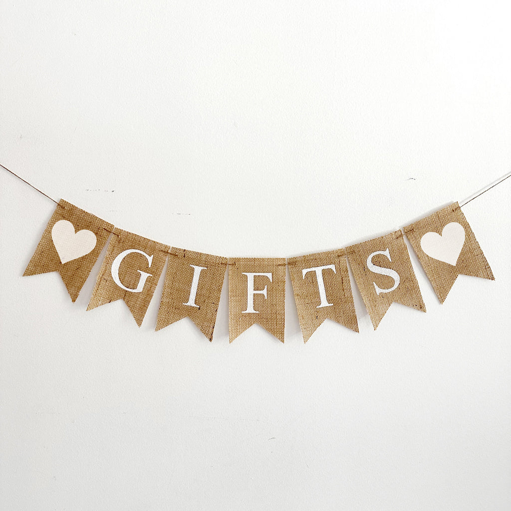 Gifts Burlap Banner, Wedding Reception, Graduation, or Birthday Party Gift Table Sign, Present or Card Area Decorations , B1321