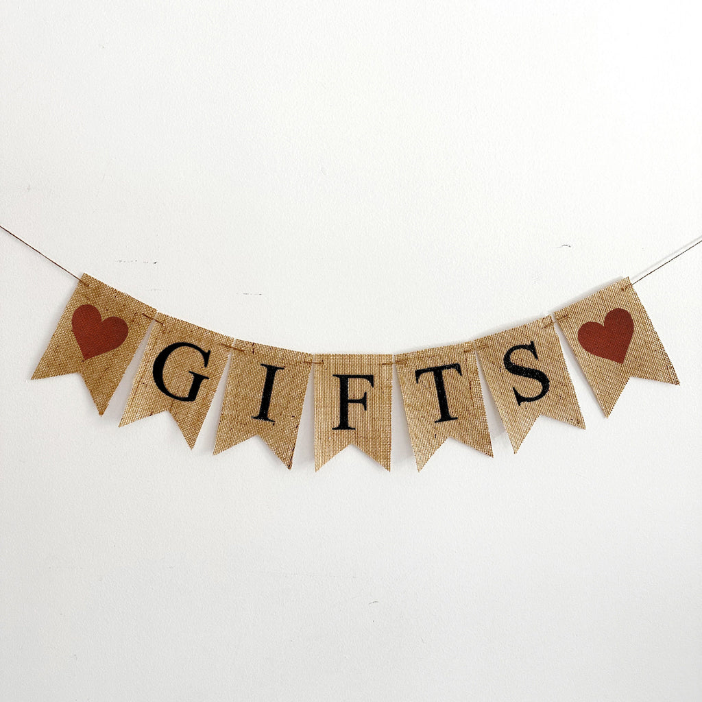 Burlap Banner for Gift Table, Present or Card Area Decorations, Birthday Party, Graduation or Wedding Reception Gifts Sign, B1325