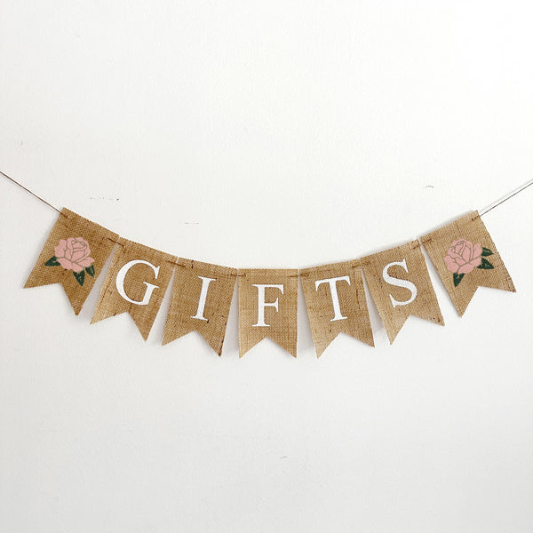 Burlap Gifts Banner, Bridal Shower, Wedding Reception or Baby Shower Gift Table Sign, Flower Present or Card Area Decoration, B1324