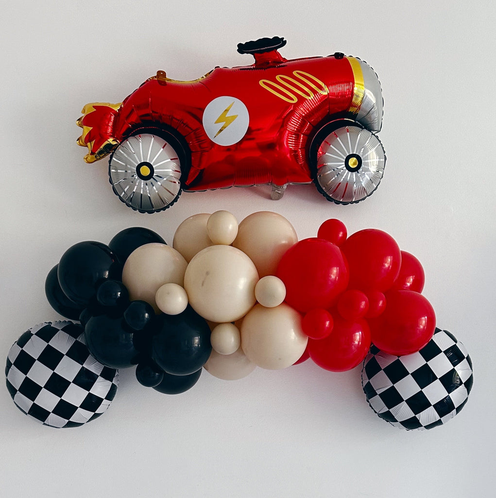 Vintage Race Car Birthday, Fast One Birthday Party, Red Race Car Party Decoration, Race Car Balloon Garland, First Birthday Balloons