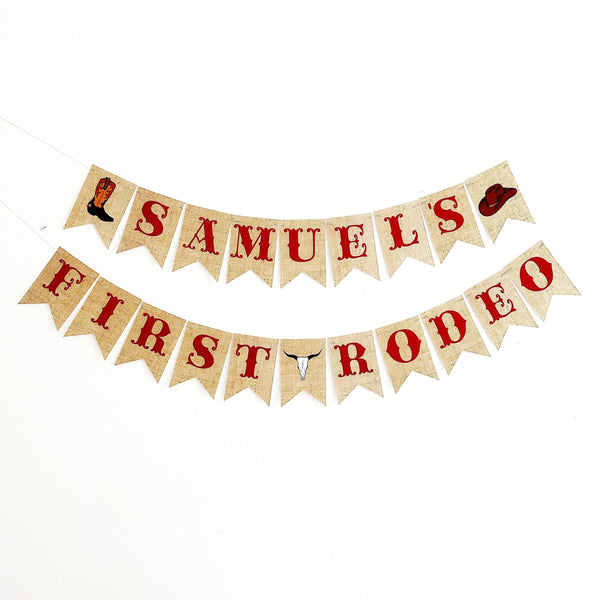 Personalized First Rodeo Banner, 1st Birthday Party Sign, Personalized Cowboy Western Birthday Banner in Red P364