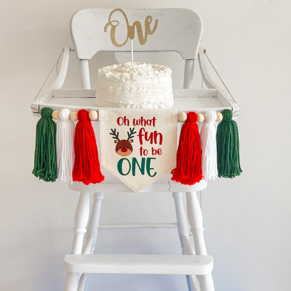 Fun to be One Reindeer 1st Birthday Tassel Banner, Christmas Highchair Decoration, Holiday First Birthday Party Sign, Cake Smash Pennant