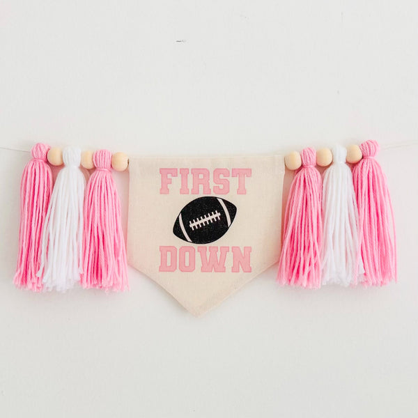 First Down Pink 1st Birthday Tassel Banner, Football Highchair Decoration, Sports First Birthday Party Sign, Cake Smash Pennant