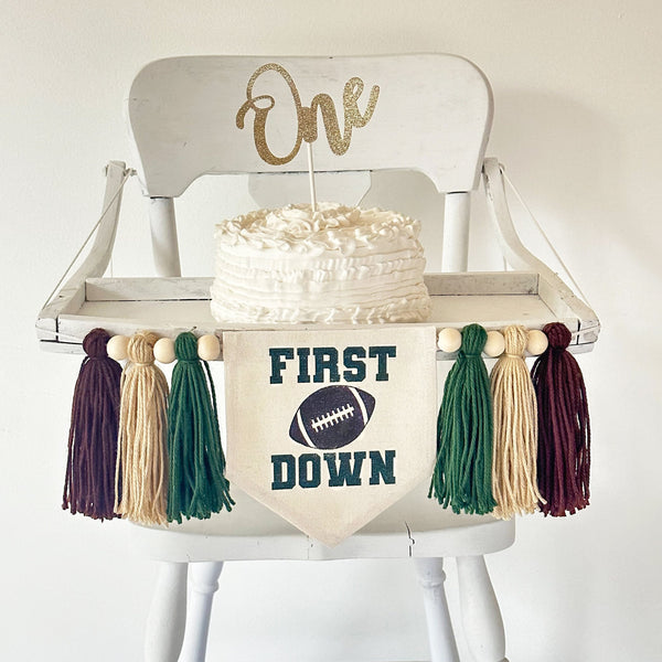 First Down 1st Birthday Tassel Banner, Football Highchair Decoration, Sports First Birthday Party Sign, Cake Smash Pennant