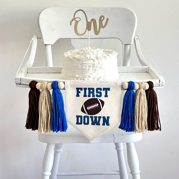 First Down Blue 1st Birthday Tassel Banner, Football Highchair Decoration, Sports First Birthday Party Sign, Cake Smash Pennant