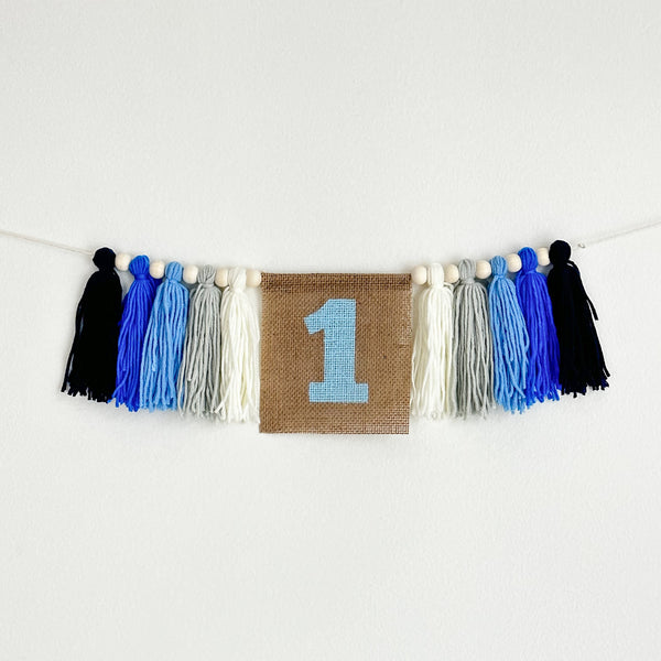 Burlap First Birthday Banner, One High Chair Flag, 1st Birthday Tassel Banner, Burlap Yarn Decor
