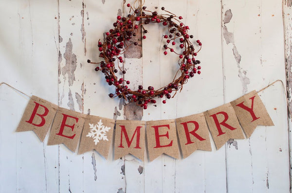Christmas Decorations, Christmas Banners, Holiday Banner, Christmas Burlap Banner, Rustic Christmas Decoration, Be Merry Banner, B073